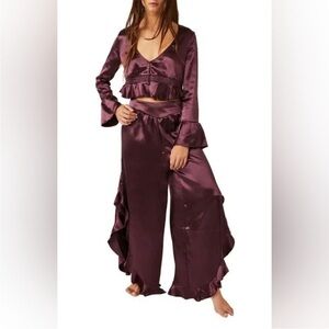 Free People Chasing Love Ruffle Satin 2piece Pajamas in Precious Wine Size S